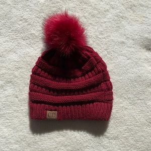 Red Fur Pom Beanie CC